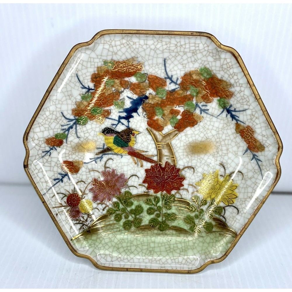 Kutani Satsuma Trees Birds & Flowers Hexagon Plate Dish Japan Hand Painted 7.5"